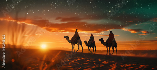 sunset in the desert, three wise men riding camels in the desert