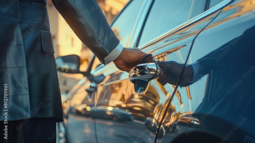 Close-Up, Businessman hand holding a car door handle Limousine. Close-Up, Businessman hand holding a car door handle Limousine.