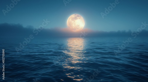 A large moon is reflected in the calm water of a lake