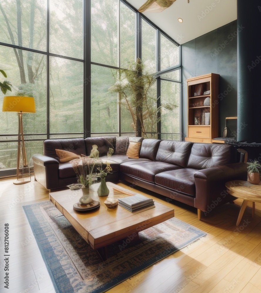 Modern living room interior with a black leather sofa and wooden coffee ...
