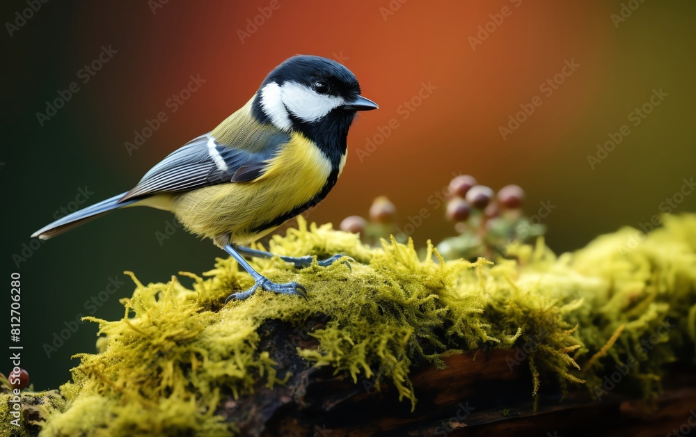 Black headed Great Tit perched on a moss covered log, lush greenery providing a natural frame Black headed Great Tit perched on a moss covered log, lush greenery providing a natural frame