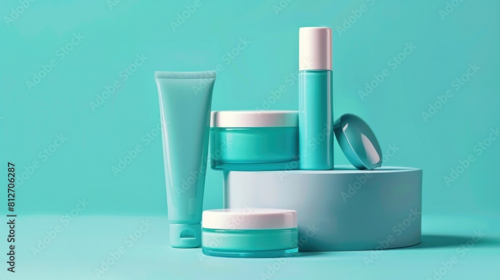 A cosmetic cream jars and tubes on turquoise background. A cosmetic cream jars and tubes on turquoise background.