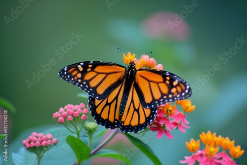 Beautiful monarch butterfly perches gracefully on a cluster of vivid pink flowers