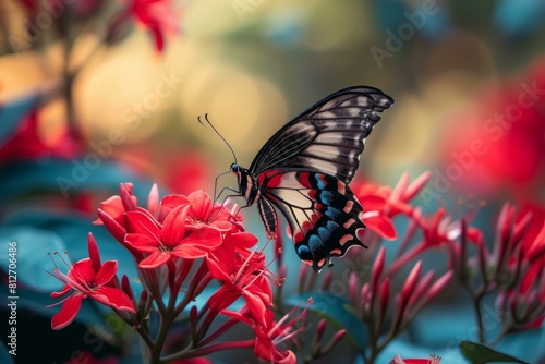 A vibrant butterfly with open wings perched delicately on vivid red blooms