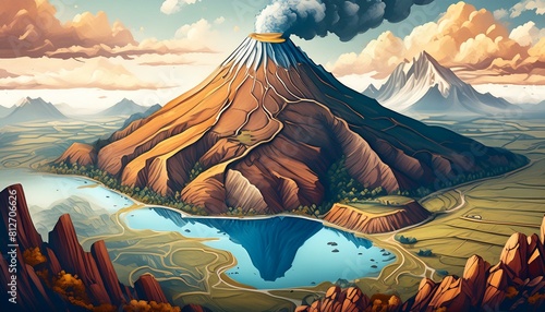 Create a drawing depicting an aerial view of a volcano with a lake around it. The volcano is to have a conical shape with steep flanks and an open crater at the top. The lake around the volcano must b photo