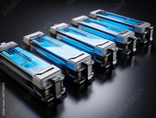 Futuristic battery technology, solidstate modules with sleek metallic finishes and blue highlights, arranged in a row, the front module displaying SolidState Battery, against a reflective gray backgro photo