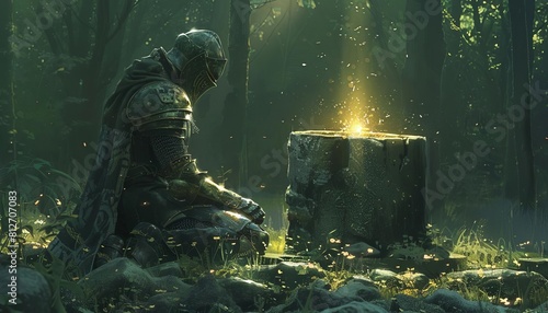 Depict a knight in medieval armor, kneeling before the Holy Grail, which glows with a mystical aura in a forest clearing photo