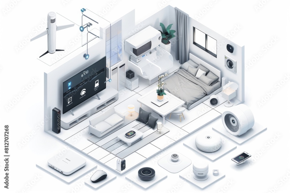 Obraz premium Presentation illustration on white background: Alarm System with secruity cameras at smart home, 4k stock illustration --chaos 10 --ar 3:2 --style raw Job ID: 7ad0a6db-6186-4728-852e-7fac899f08f6