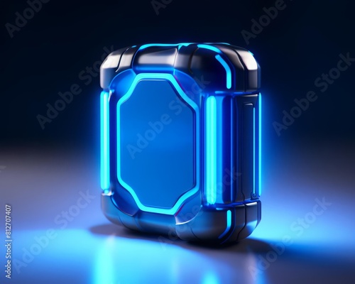 Hightech solidstate battery with a sleek metallic design and blue neon glow along its edges, featuring the text SolidState Battery, set against a clean white surface with soft blue lighting accents photo