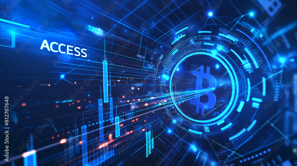 Illustration of access to digital wealth, bitcoin symbol, floating amidst complex network of digital lines, word ACCESS prominently displayed, unlocking accessibility and security of cryptocurrency Illustration of access to digital wealth, bitcoin symbol, floating amidst complex network of digital lines, word ACCESS prominently displayed, unlocking accessibility and security of cryptocurrency