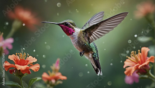 Graceful Hummingbird, Digital Artwork Capturing the Bird Feeding on a Beautiful Flower.