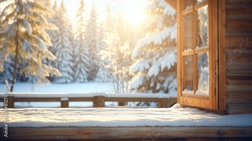 Beautiful snowy winter morning behind the chalet window. Beautiful mountain view