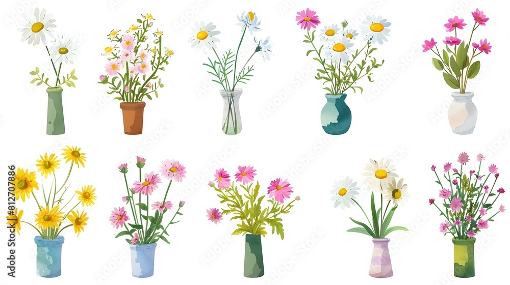 Assorted Floral Bouquets in Various Vases and Pots Displayed on a Table Assorted Floral Bouquets in Various Vases and Pots Displayed on a Table