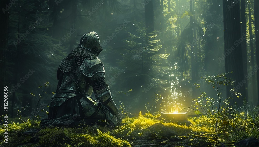 Depict a knight in medieval armor, kneeling before the Holy Grail, which glows with a mystical aura in a forest clearing Depict a knight in medieval armor, kneeling before the Holy Grail, which glows with a mystical aura in a forest clearing