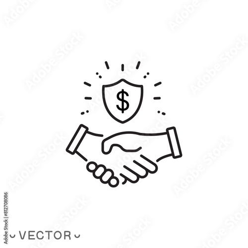 trust partnership in business icon, safe deal, handshake with shield, thin line symbol isolated on white background, editable stroke eps 10 vector illustration