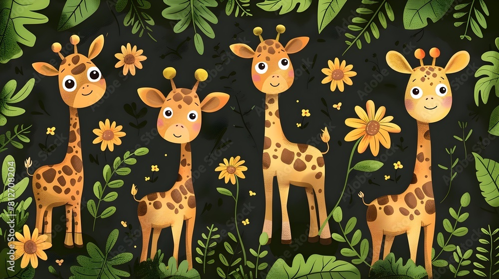 Fototapeta premium Adorable Cartoon Giraffes in Lush Jungle Habitat