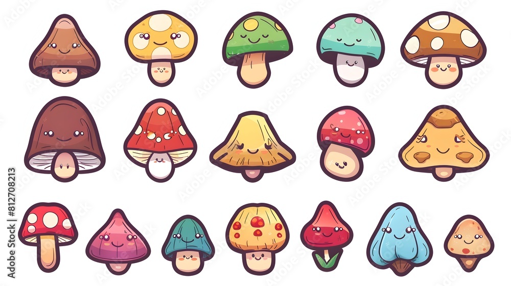 Fototapeta premium Adorable Cartoon Mushroom Characters in Vibrant Colors and Patterns