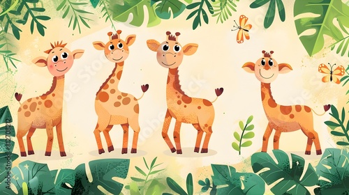 Adorable Cartoon Giraffes Playing in Lush Tropical Jungle Foliage