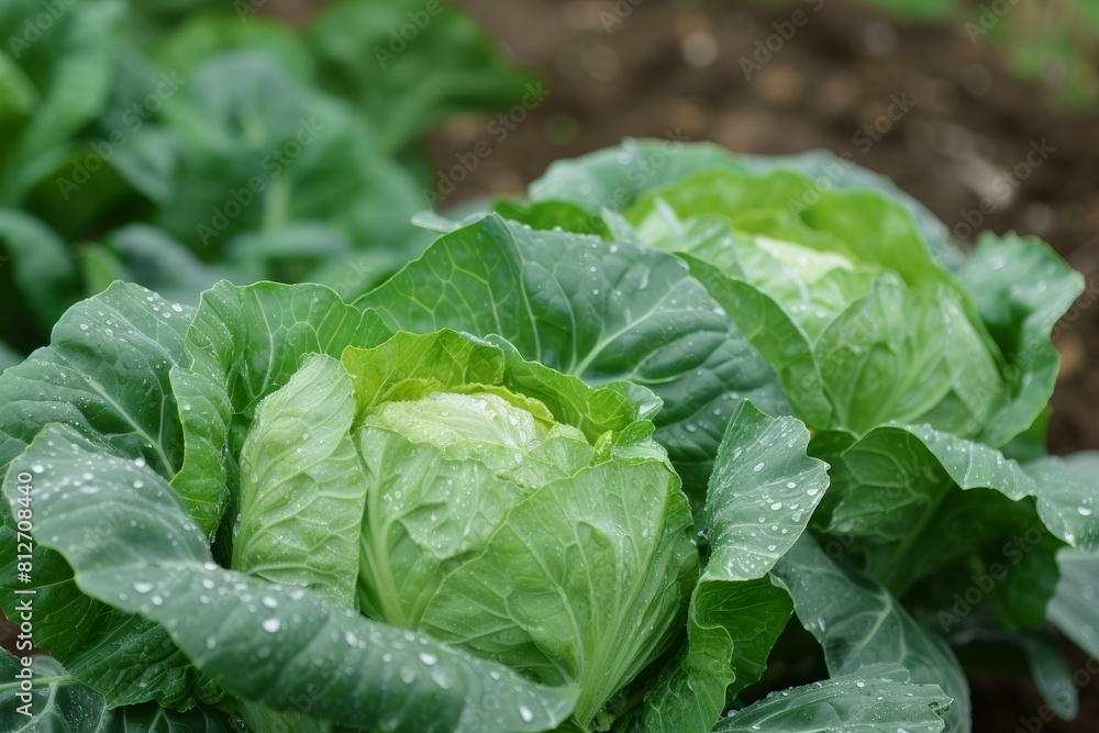 Vibrant green cabbage with morning dew in a lush garden Vibrant green cabbage with morning dew in a lush garden