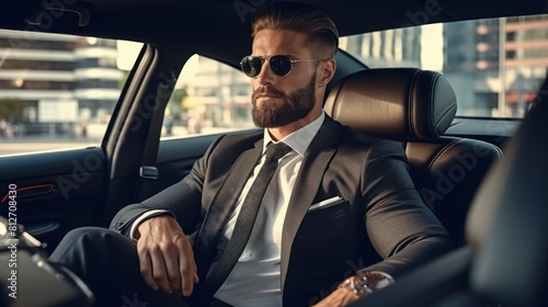 Young handsome businessman is sitting in luxury car. Serious bearded man in suit © inthasone