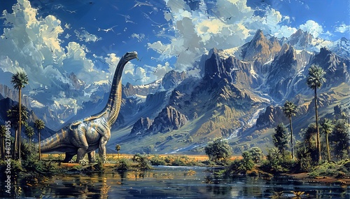 A Brachiosaurus standing in the foreground  with mountains and palm trees behind it. A river flows through an ancient valley. In the sky above is a blue sky with white clouds. 