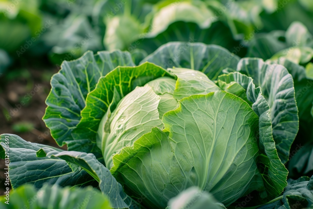 Vibrant close-up of a lush green cabbage head growing in a garden Vibrant close-up of a lush green cabbage head growing in a garden
