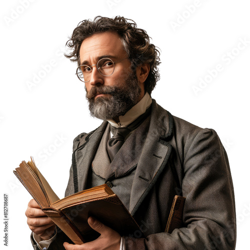 A man with a beard and glasses is holding a book. He looks serious and focused on the book photo