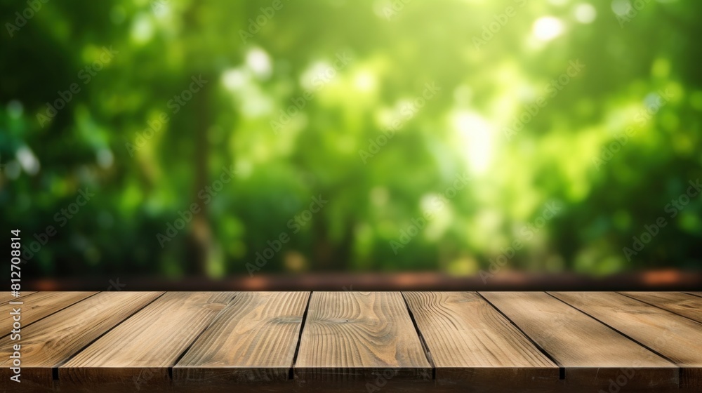 A Wooden table space with green background, blurred back view . A Wooden table space with green background, blurred back view .