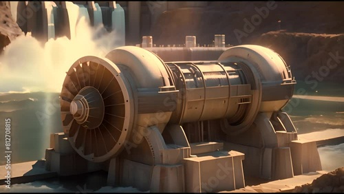 Large turbines spin to create electricity in the powerplant at Dam