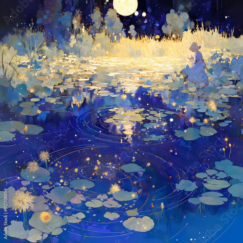 Serene Moonglow over Lush Lillypads: A Monet-Inspired Nighscape photo