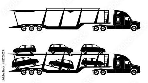 Car carrier truck, black isolated silhouette