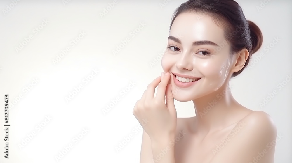 Beautiful young Woman model with clean fresh skin on beige background, Facial care, Cosmetology, beauty and spa, . Close-up of woman with clean skin posing, in studio background. Beautiful young Woman model with clean fresh skin on beige background, Facial care, Cosmetology, beauty and spa, . Close-up of woman with clean skin posing, in studio background.