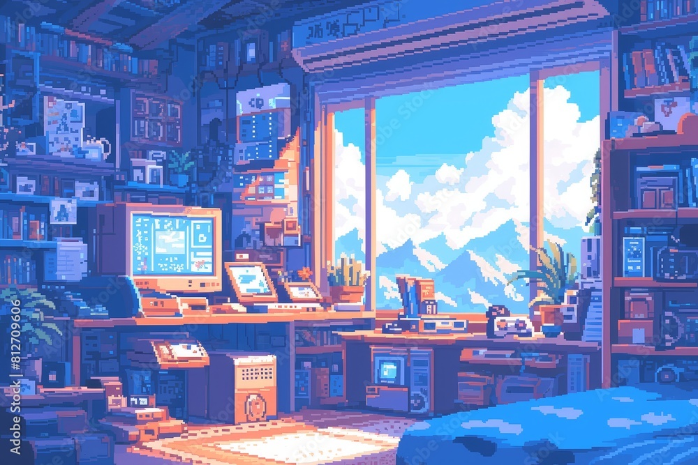 8bit pixel art, A cozy bedroom with retrofuturistic elements like an oldfashioned television set and a small bookshelf. The room is bathed in soft pastel colors of pink blue purple and green.