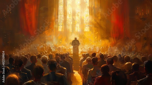 Depict a Protestant pastor delivering a sermon to a diverse congregation, emphasizing unity and faith photo