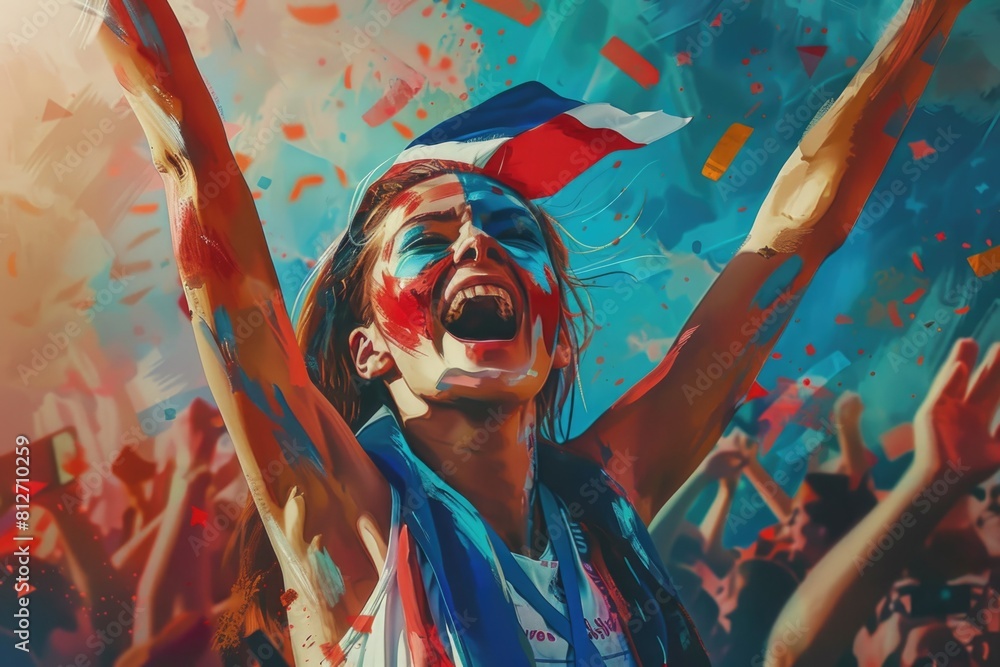 Obraz premium A painting of a woman with her hands raised. Suitable for various projects