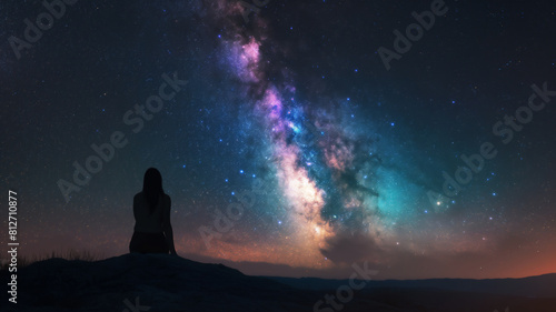 Silhouette of a person gazing at the colorful Milky Way galaxy under a starry night sky.