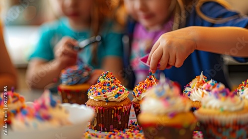 Image description:.Colorful cupcakes with sprinkles and frosting being decorated by children.