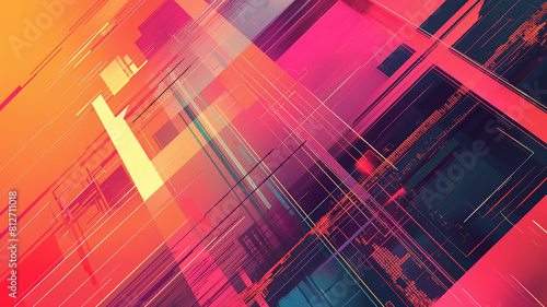 Abstract digital artwork with intersecting lines and geometric shapes in vibrant pink, orange, and blue tones.