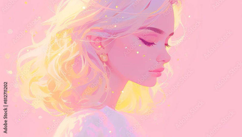 A beautiful woman with a watercolor illustration, on a pink background with a dreamy mood and pastel colors. It is a portrait closeup of her face in profile with soft lighting. 