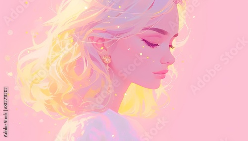 A beautiful woman with a watercolor illustration  on a pink background with a dreamy mood and pastel colors. It is a portrait closeup of her face in profile with soft lighting. 