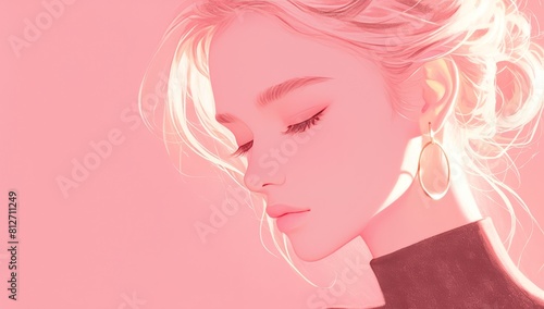 A beautiful woman with a watercolor illustration  on a pink background with a dreamy mood and pastel colors. 