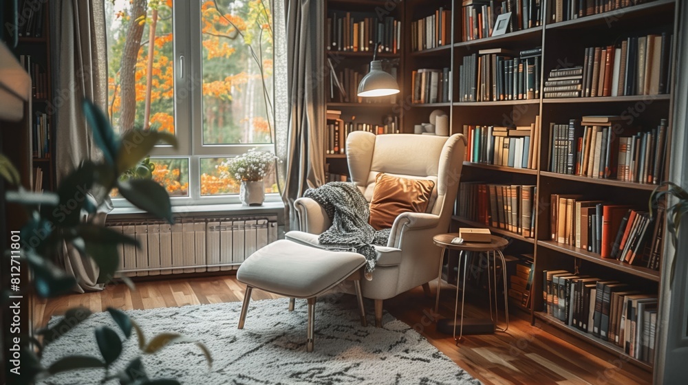 A cozy living room corner with bookshelves filled with books and a chair placed in front of a window
