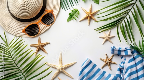 beach accessories and summer items on a white background