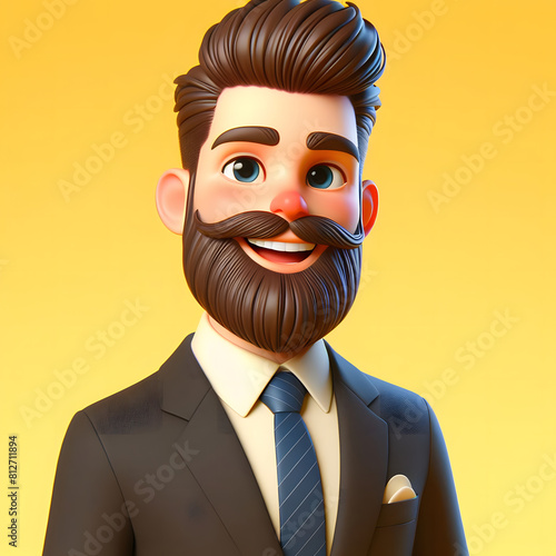 Business Man  Smiling asian Cartoon character with busines suit standing on yellow background  3d 