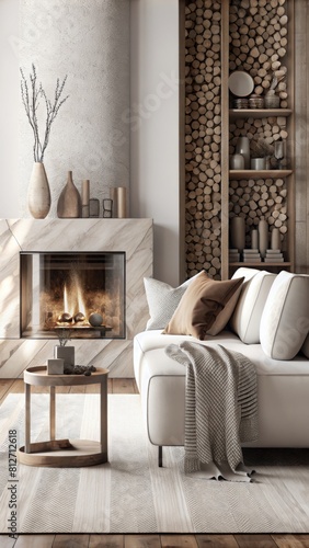 Cozy modern living room with white sofa  wooden coffee table near fireplace and wood stacked on the wall.