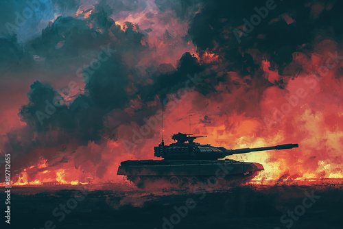 A dark tank over a fire sky background