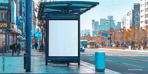 A blank white billboard at bus stop on street, for advertising mockups and urban city concepts and presentations.Mock up Billboard Media Advertising Poster banner template at Bus Station city street photo