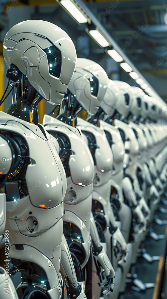 A row of robots are lined up in a factory A row of robots are lined up in a factory