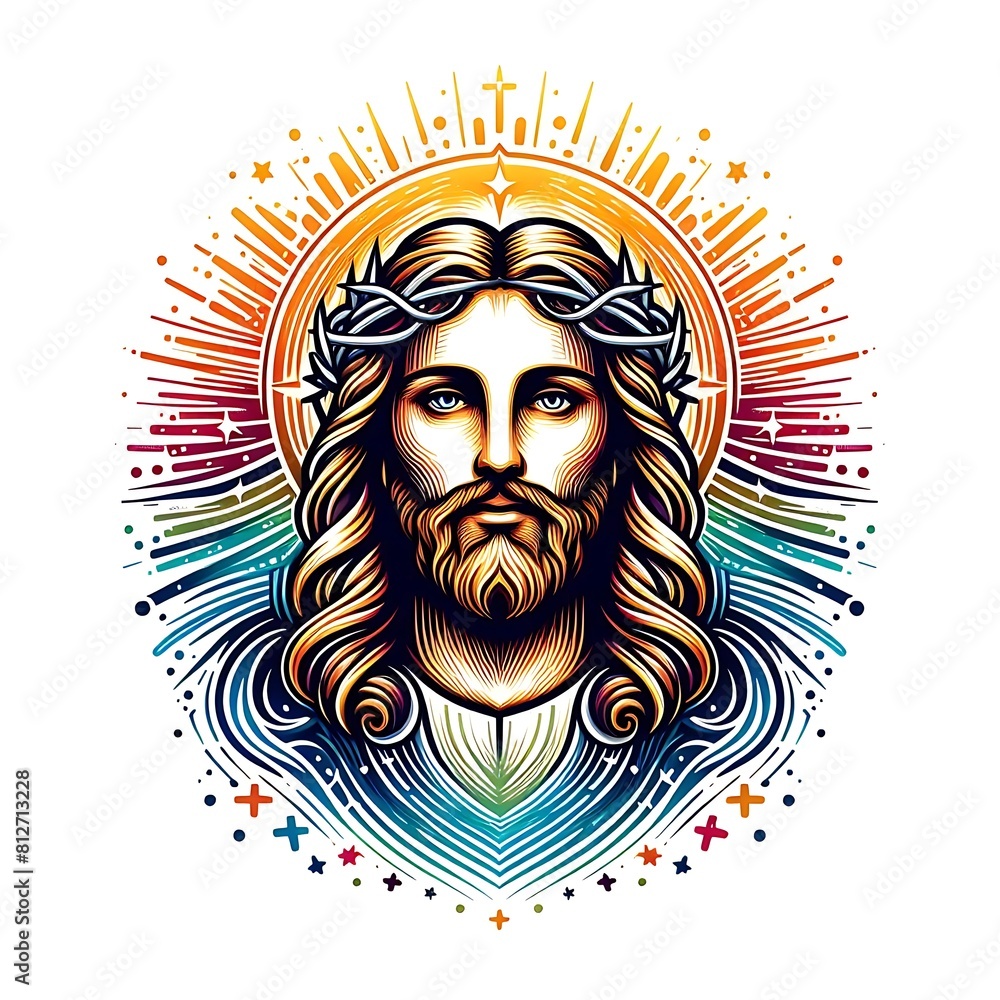 A colorful drawing of a jesus christ with a crown of thorns harmony used for printing card design illustrator. A colorful drawing of a jesus christ with a crown of thorns harmony used for printing card design illustrator.
