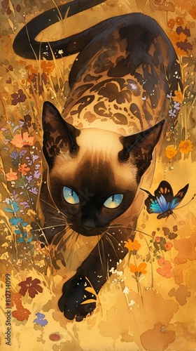 Tonkinese cat with butterfly wings, watercolor, vibrant garden, midpounce, eye level, playful energy , realistic watercolor photo